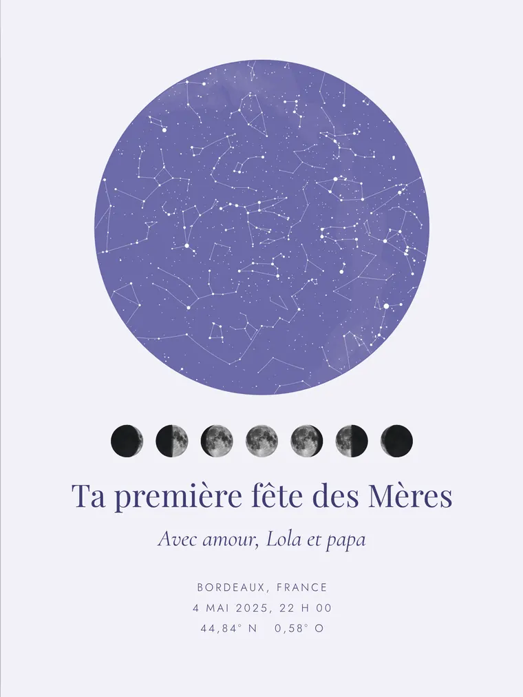 Carte du ciel personnalisée avec la phrase « Ta première fête des Mères »