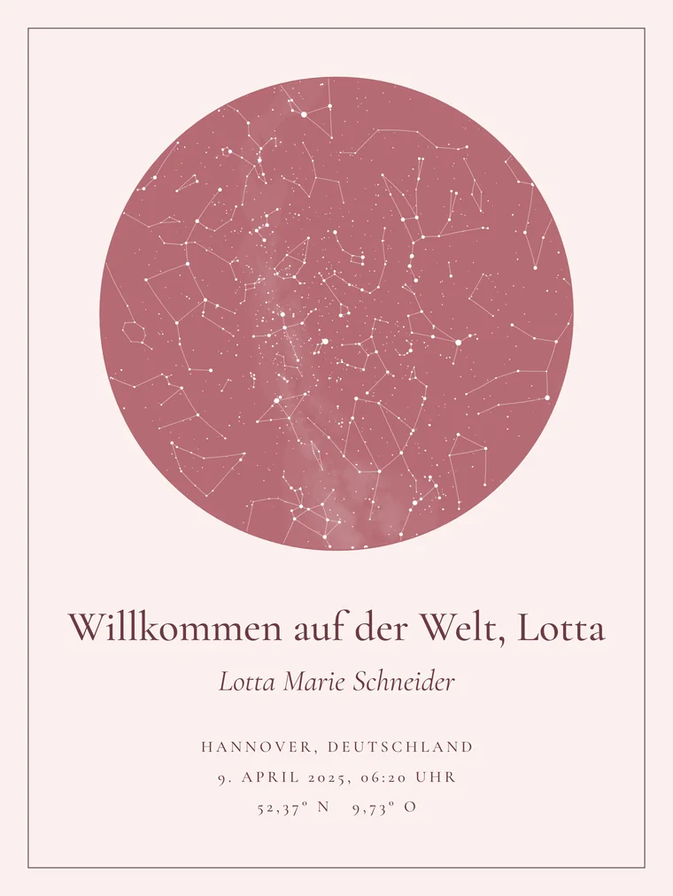 Personalisierte Sternenkarte mit dem Satz „Willkommen auf der Welt, Lotta“