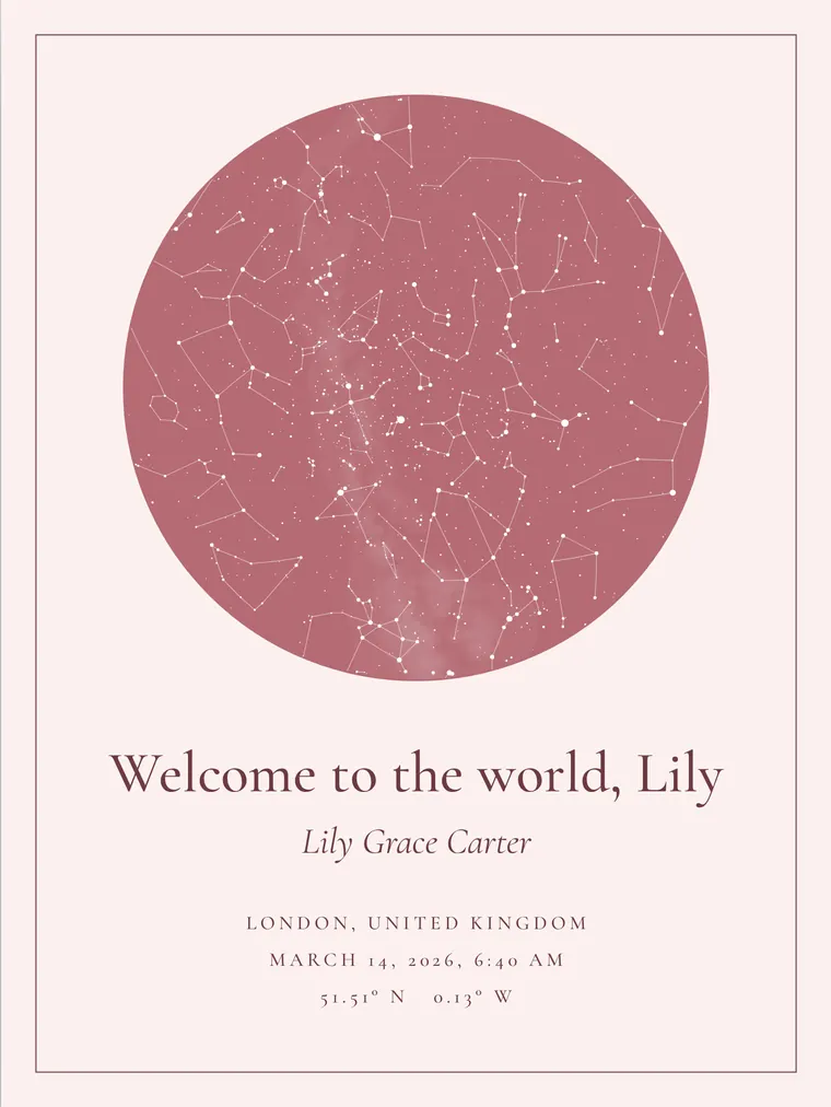 Custom star map with the line “Welcome to the world, Lily”