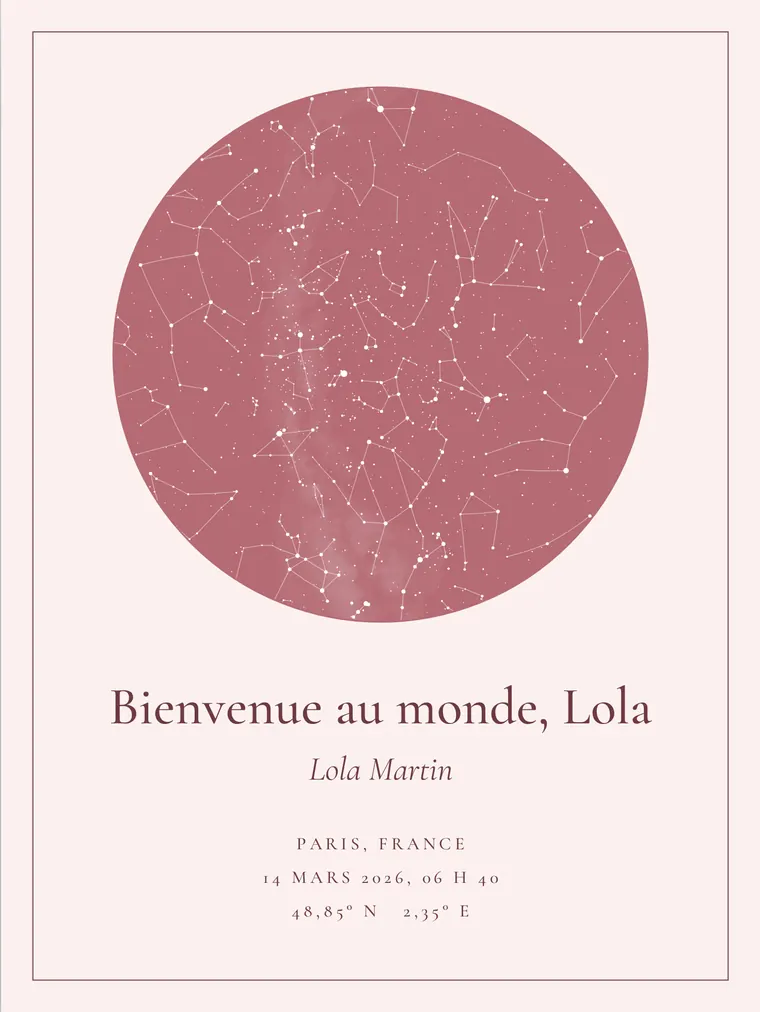 Carte du ciel personnalisée avec la phrase « Bienvenue au monde, Lola »
