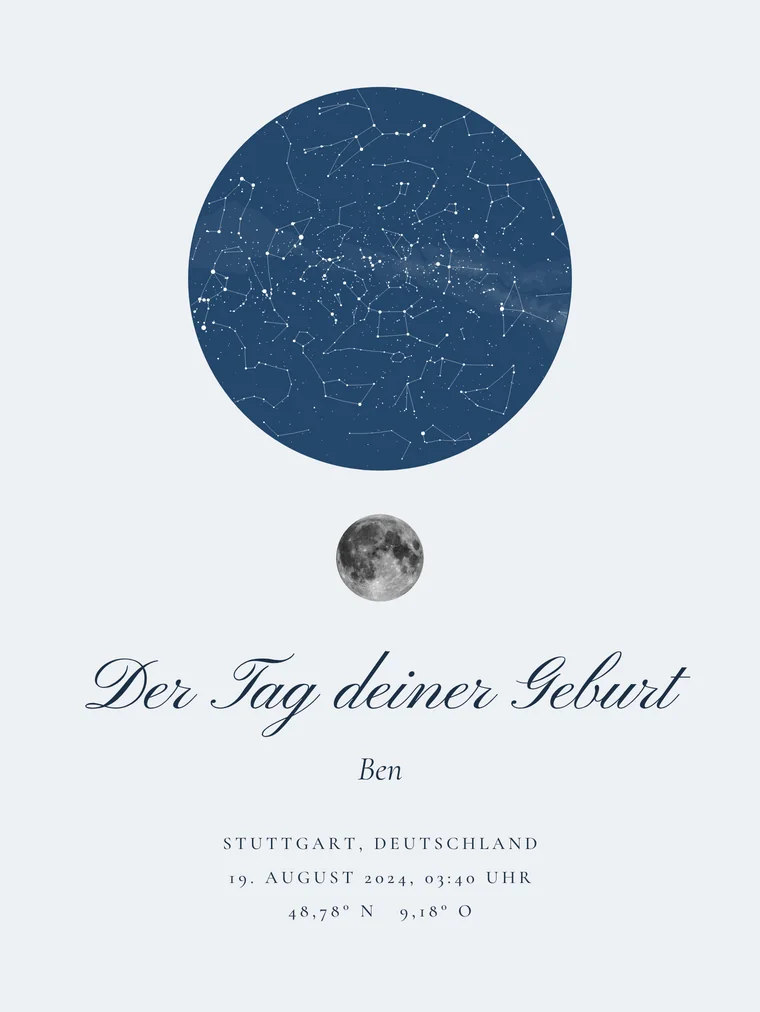 Personalisierte Sternenkarte mit dem Satz „Der Tag deiner Geburt“