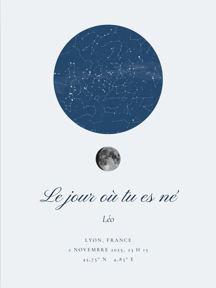 Carte du ciel personnalisée avec la phrase « Le jour où tu es né »