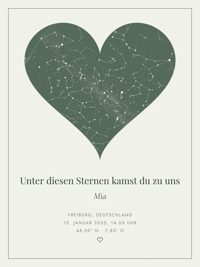 Personalisierte Sternenkarte mit dem Satz „Unter diesen Sternen kamst du zu uns“