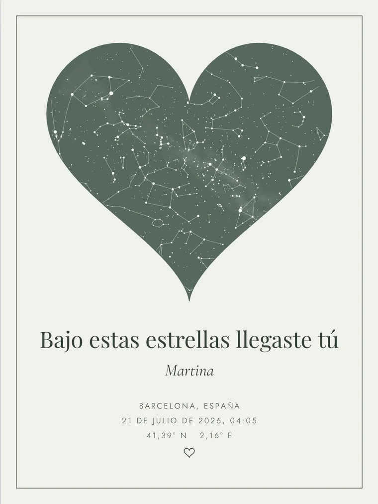 Mapa estelar personalizado con la frase «Bajo estas estrellas llegaste tú»