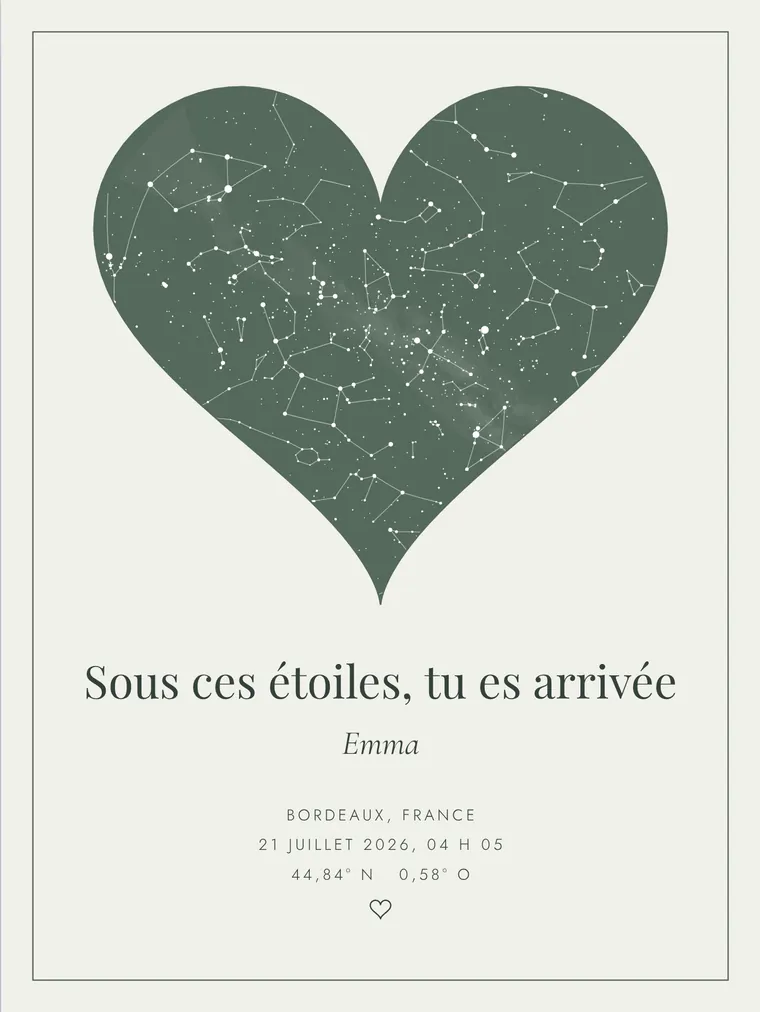 Carte du ciel personnalisée avec la phrase « Sous ces étoiles, tu es arrivée »