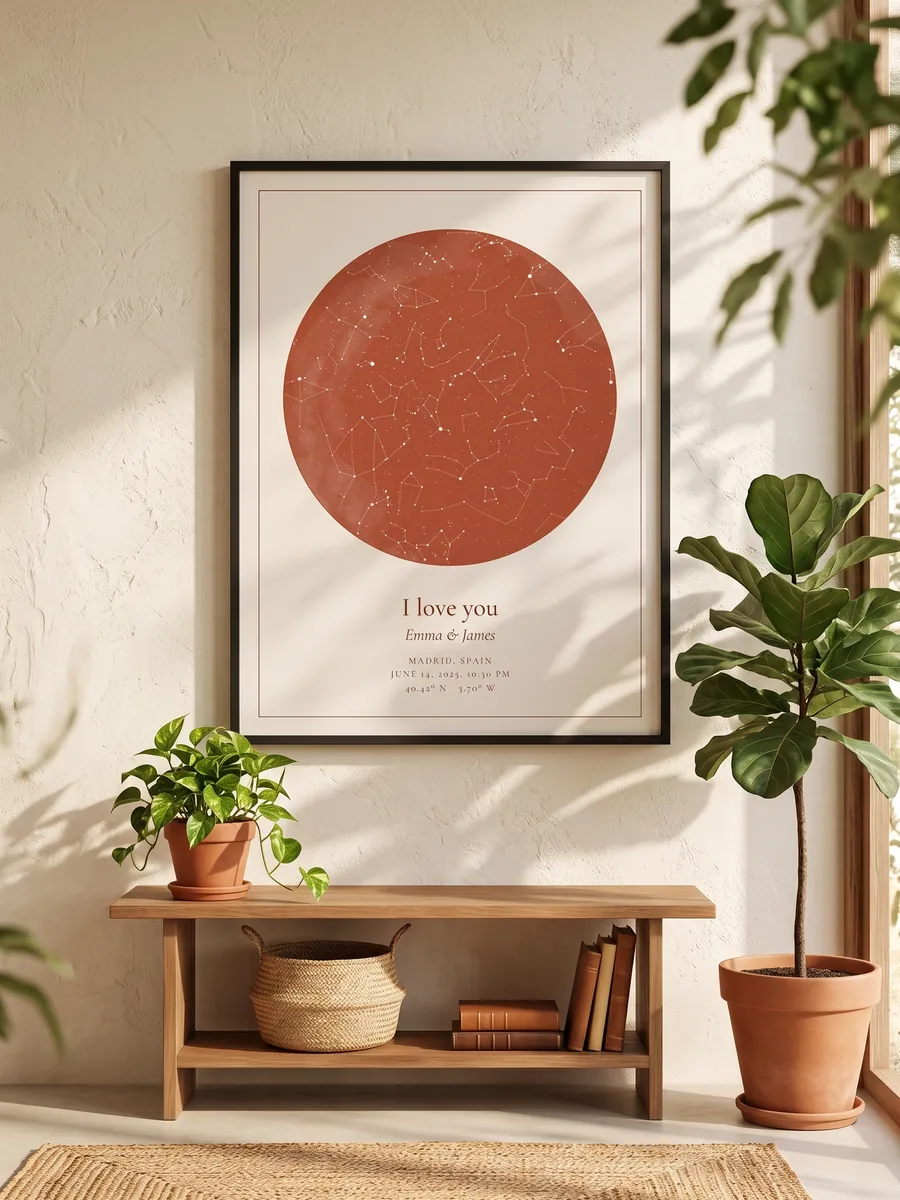 Terracotta star map on a wall with plants