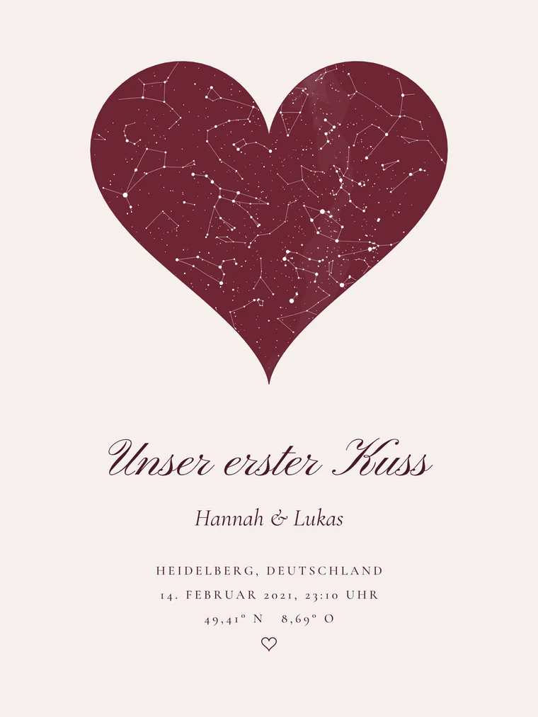Personalisierte Sternenkarte mit dem Satz „Unser erster Kuss“