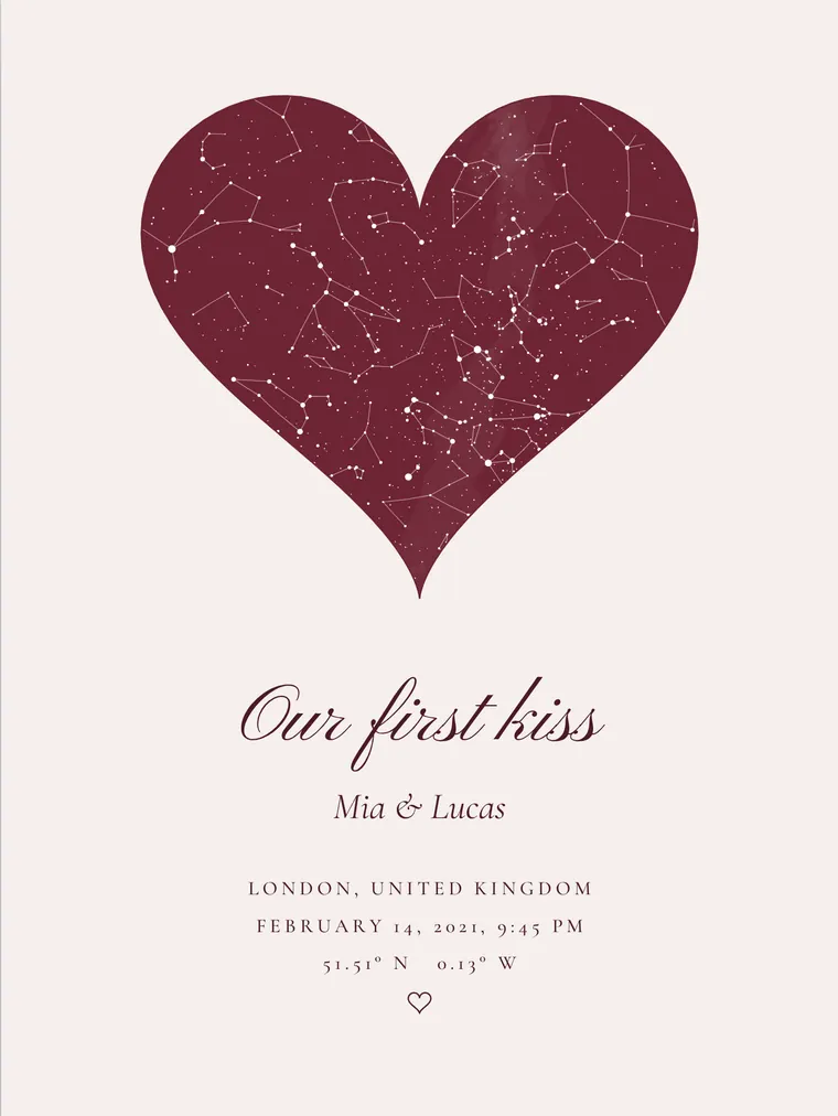 Custom star map with the line “Our first kiss”