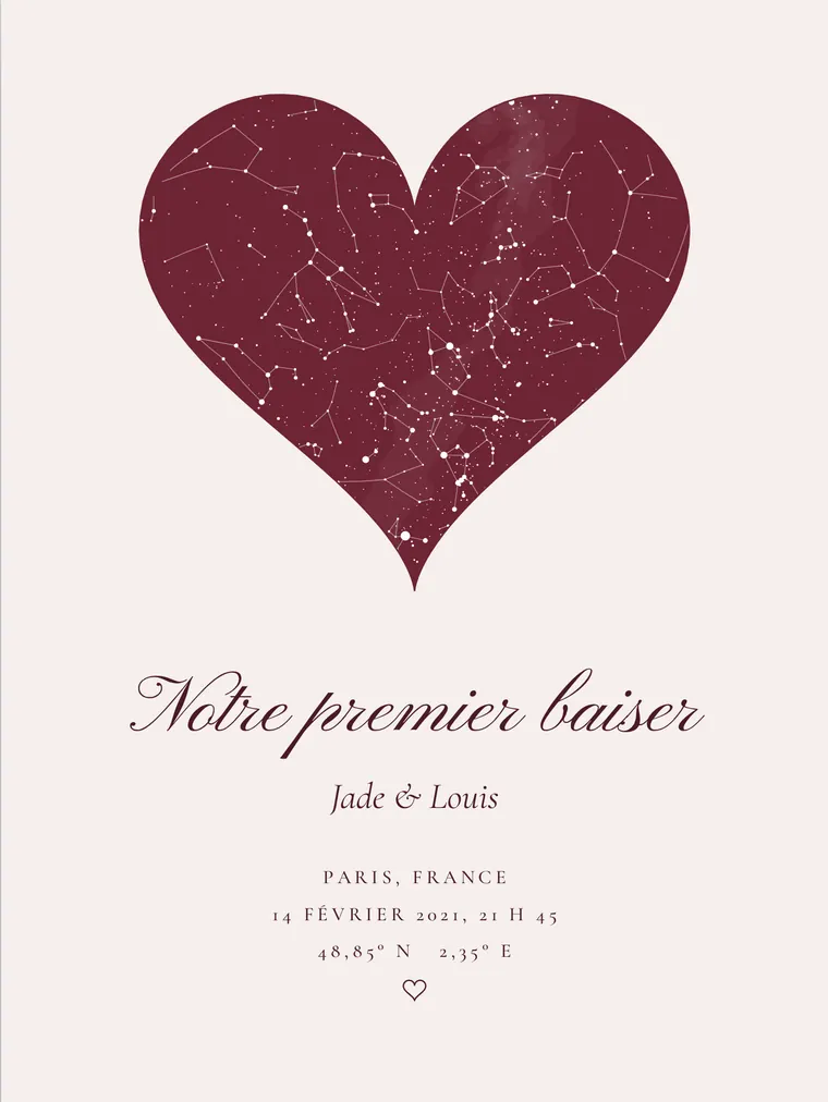 Carte du ciel personnalisée avec la phrase « Notre premier baiser »