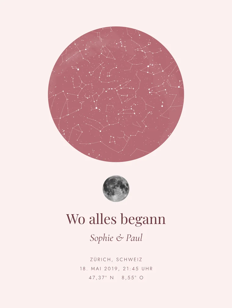 Personalisierte Sternenkarte mit dem Satz „Wo alles begann“
