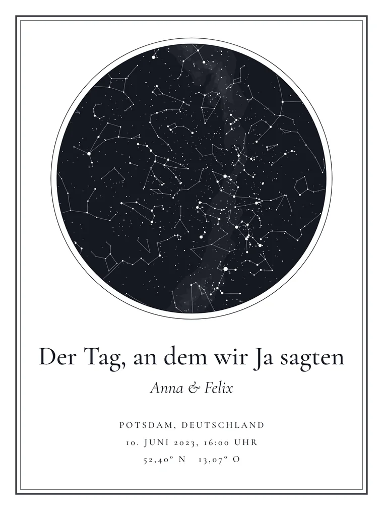 Personalisierte Sternenkarte mit dem Satz „Der Tag, an dem wir Ja sagten“