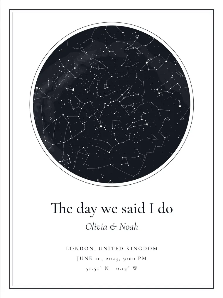 Custom star map with the line “The day we said I do”