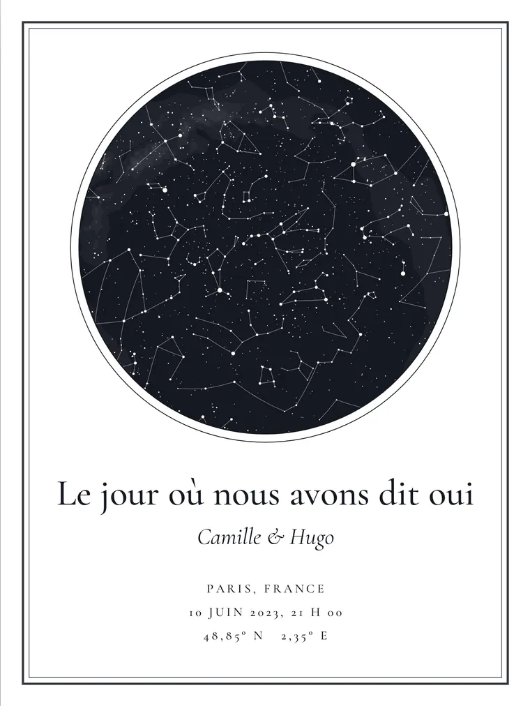 Carte du ciel personnalisée avec la phrase « Le jour où nous avons dit oui »