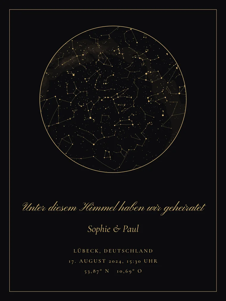 Personalisierte Sternenkarte mit dem Satz „Unter diesem Himmel haben wir geheiratet“