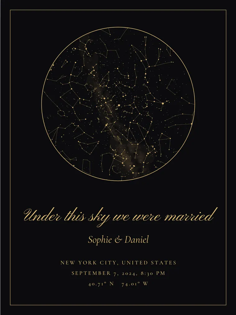 Custom star map with the line “Under this sky we were married”