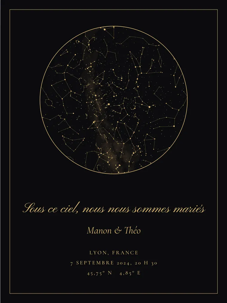Carte du ciel personnalisée avec la phrase « Sous ce ciel, nous nous sommes mariés »