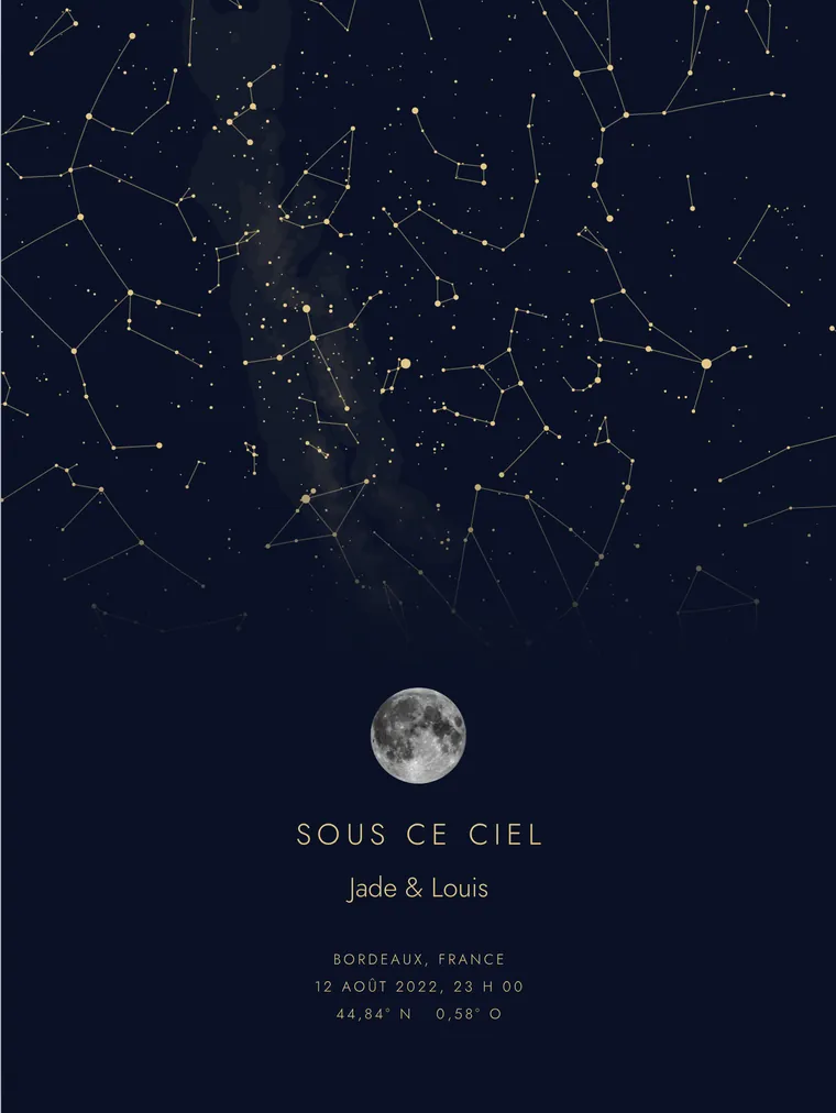 Carte du ciel personnalisée : Pleine page avec la lune de cette nuit